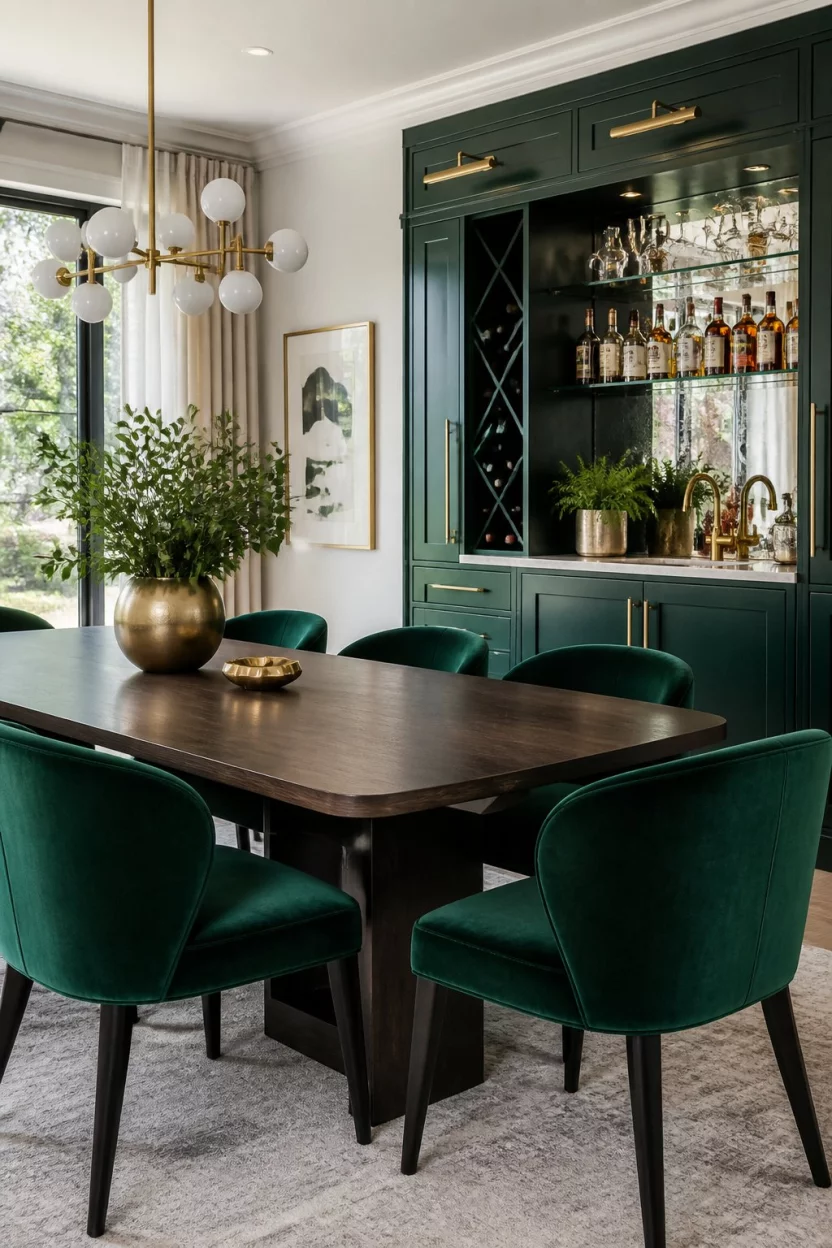 A realistic photo of a stylish modern dining room with deep emerald velvet chairs, a dark wood table, and a striking green built-in bar.