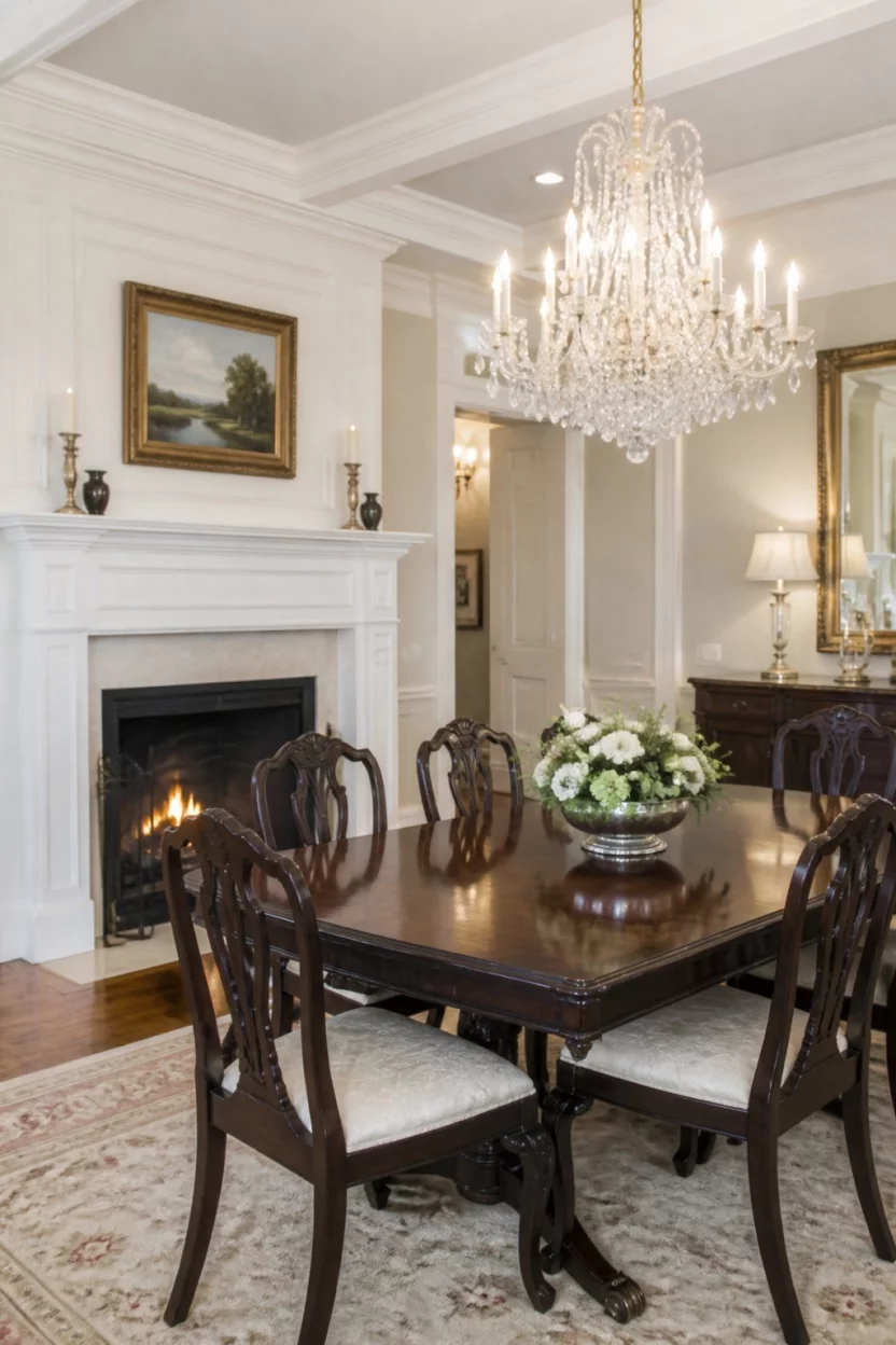 A realistic photo of a classic, formal dining room featuring creamy white millwork, a massive white fireplace, a dark wood dining set, and a shimmering crystal chandelier.