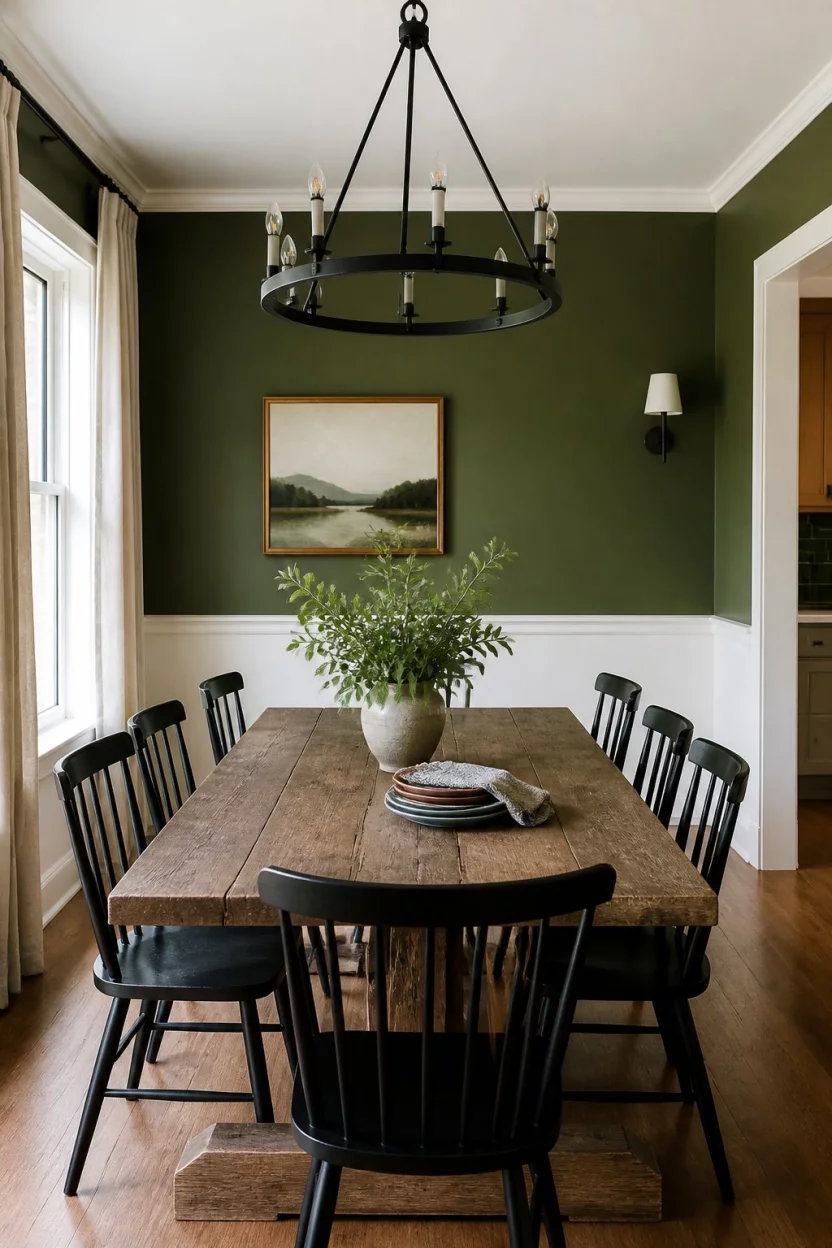 A realistic photo of a modern dining room with deep olive green walls, white wainscoting, a rustic wooden table, and a large, dark circular chandelier overhead.