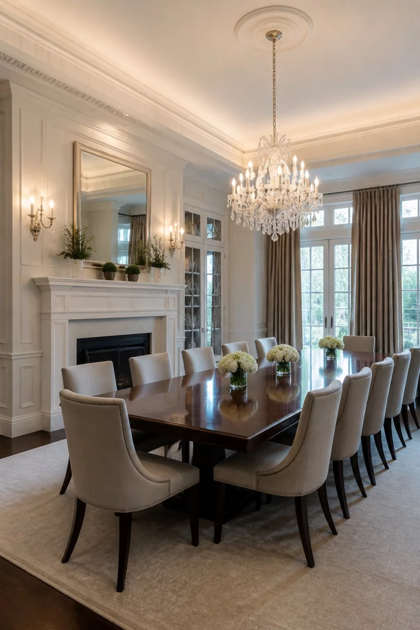 A realistic photo of a grand, formal dining room characterized by neutral tones, high ceilings, a crystal chandelier, and a large, polished rectangular table.