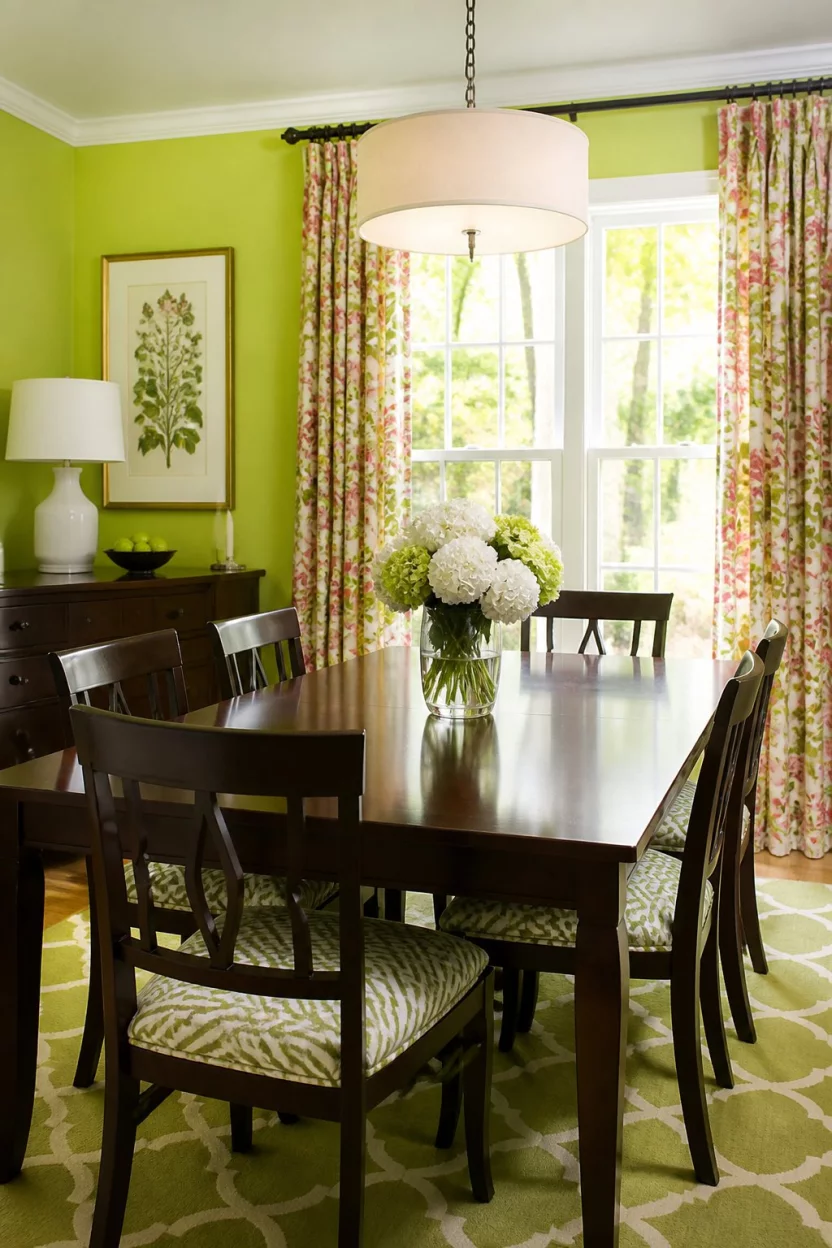 A realistic photo of a cheerful dining room painted in bright lime green with dark wood furniture, patterned chair cushions, and vibrant floral curtains around tall windows.