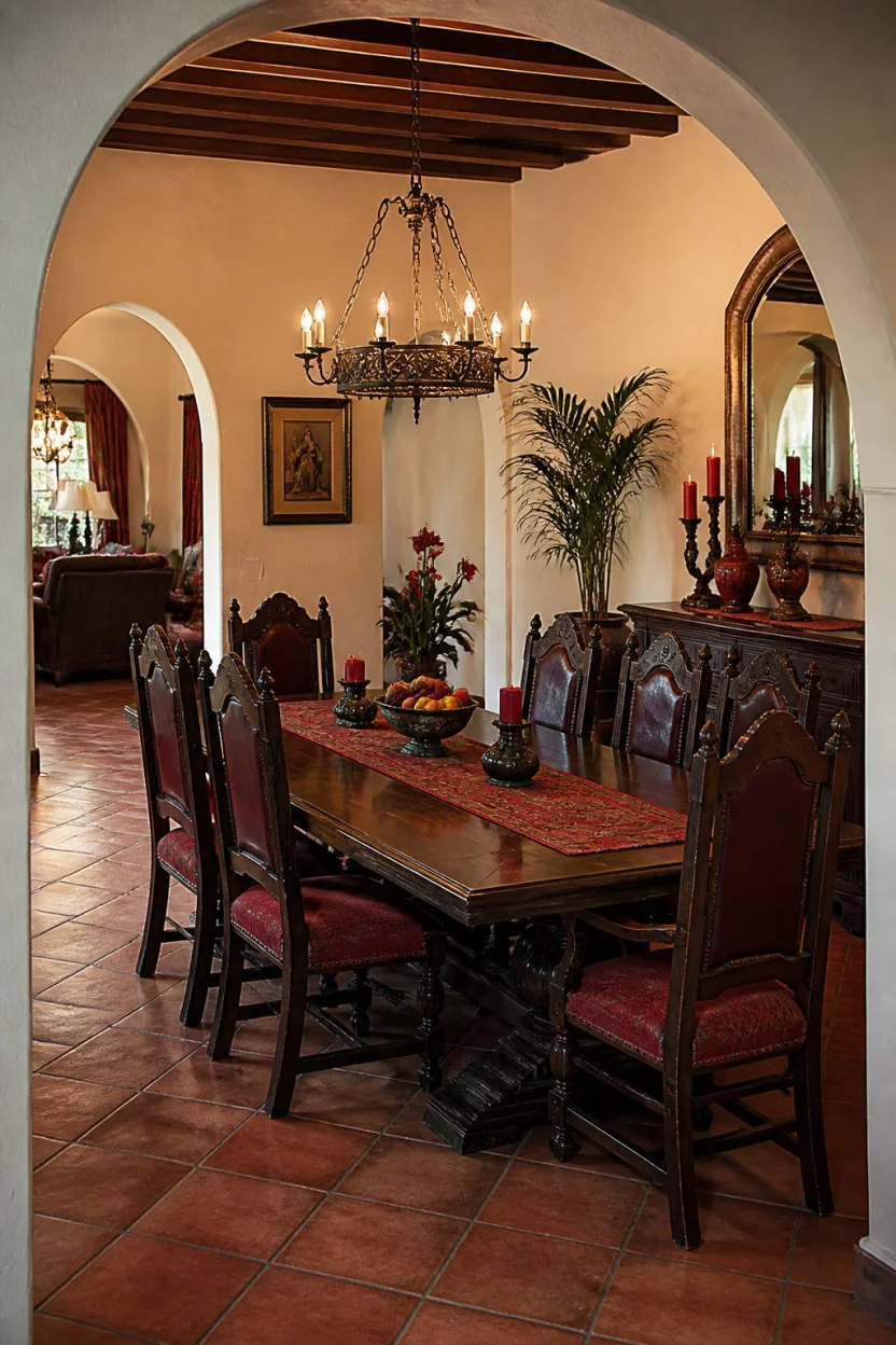 A realistic photo of a warm, Mediterranean-style dining room with terracotta floors, thick arched doorways, dark wood furniture, and heavy red accents.