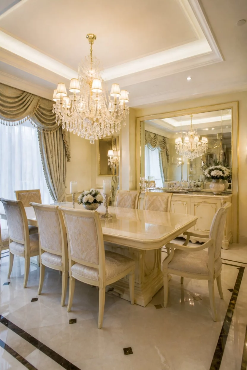 A realistic photo of a decorated formal dining room with light cream and gold furniture, a large crystal chandelier, and mirrored walls.