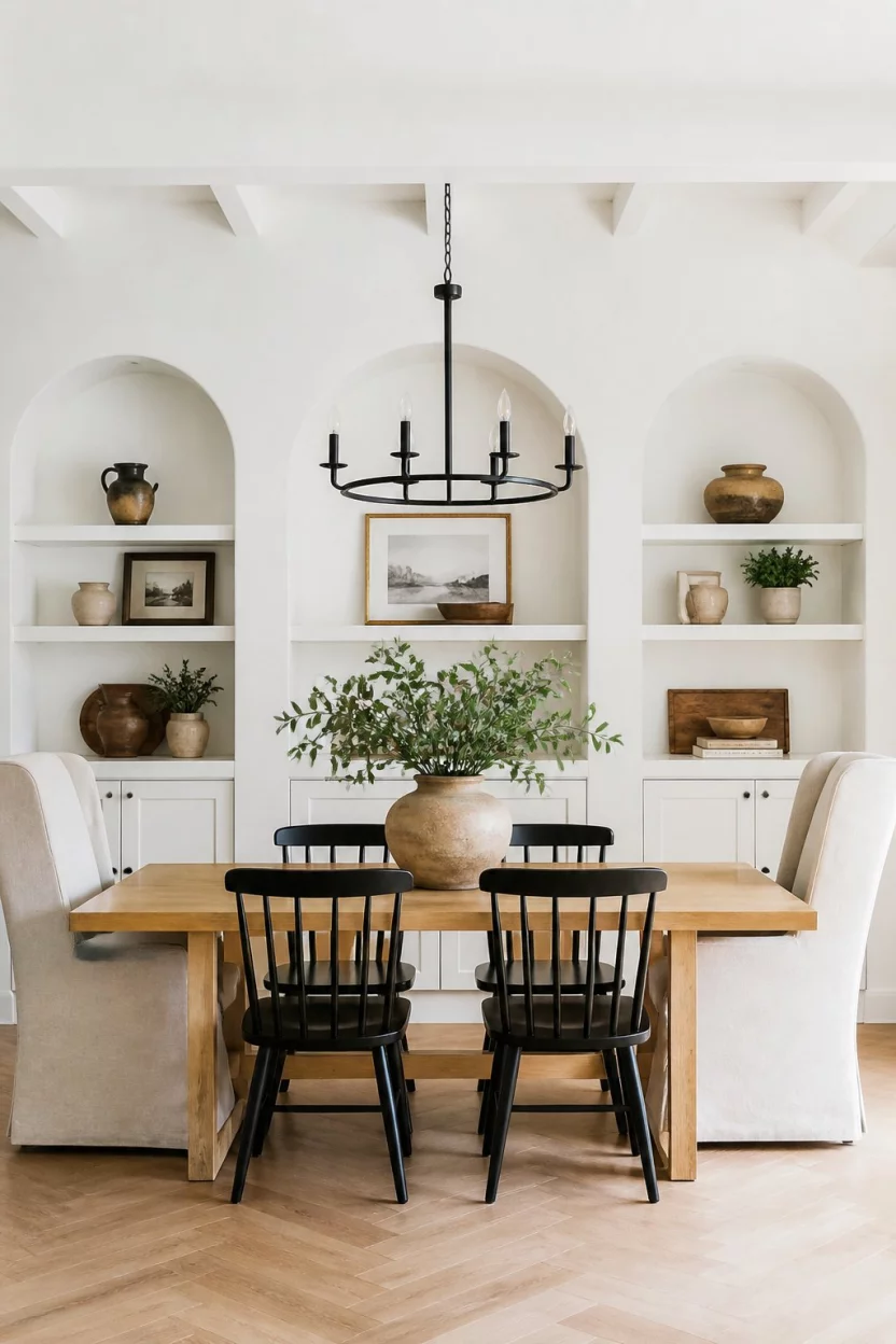 A realistic photo of a bright, airy dining room with white built-in arched shelving, a light wood table with black spindle chairs, and tall upholstered host chairs.