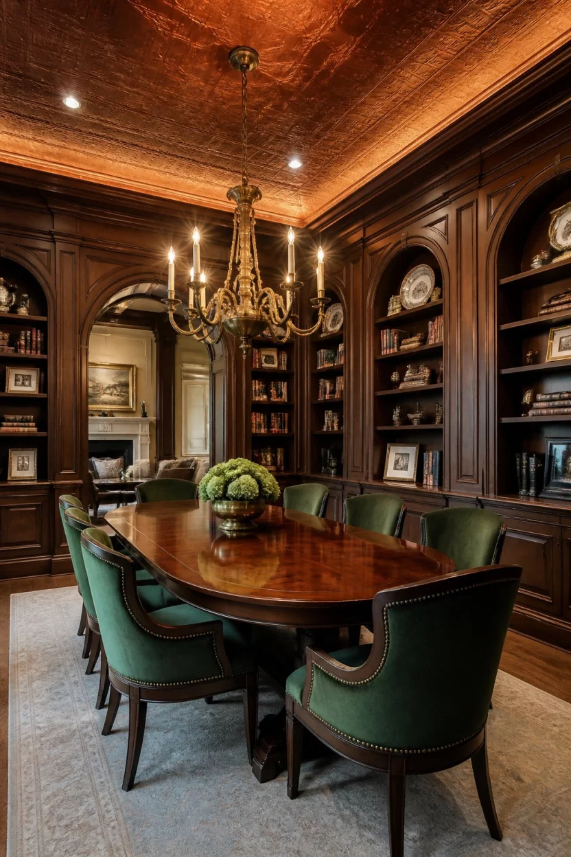 A realistic photo of a richly paneled wood dining room with arched built-in bookshelves, an oval table, green upholstered chairs, and an ornate brass chandelier under a copper ceiling.
