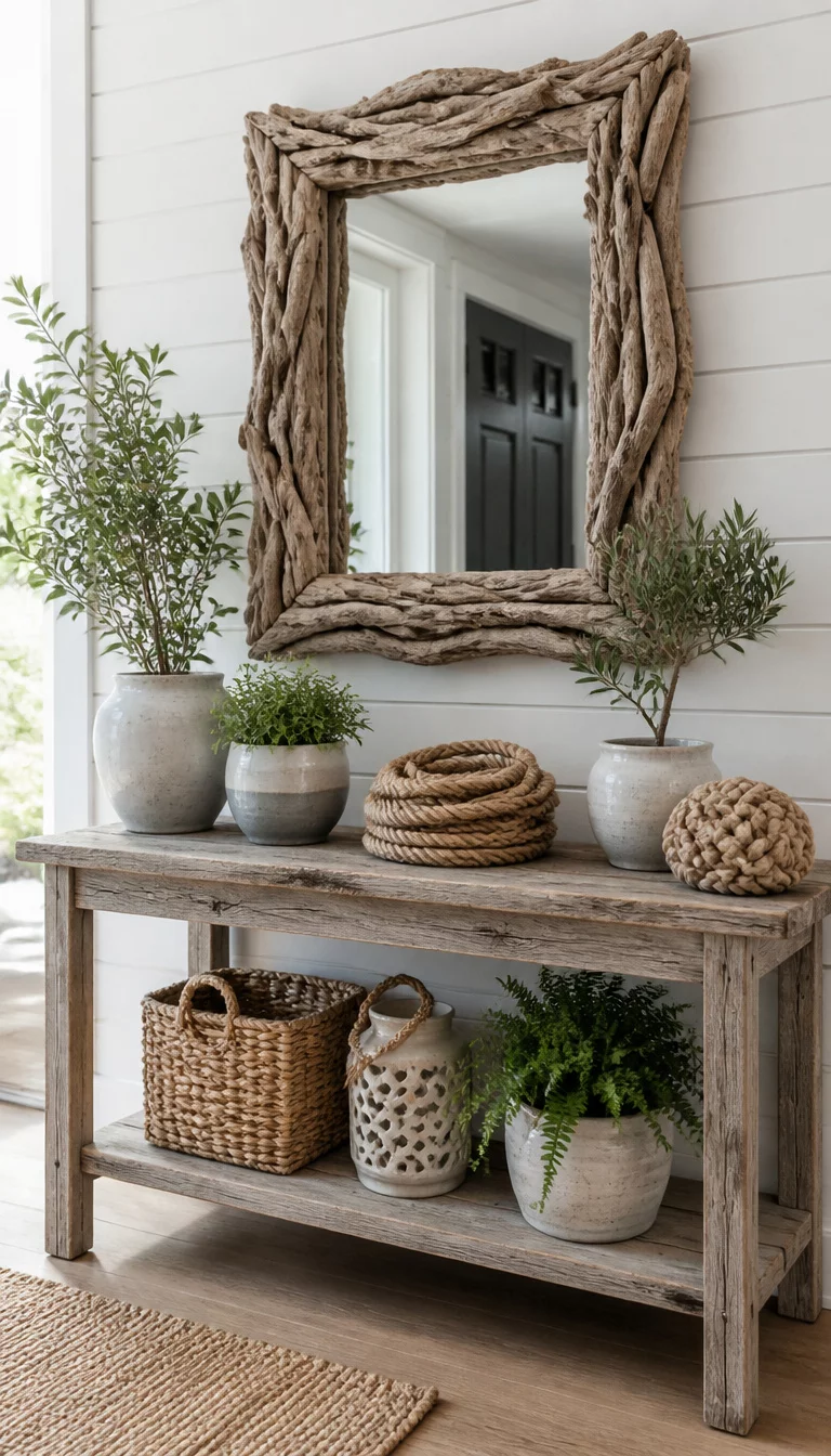 A realistic photo of a rustic entryway with horizontal white shiplap walls, a massive driftwood framed mirror, and a collection of potted plants and nautical ropes on a weathered wood table.