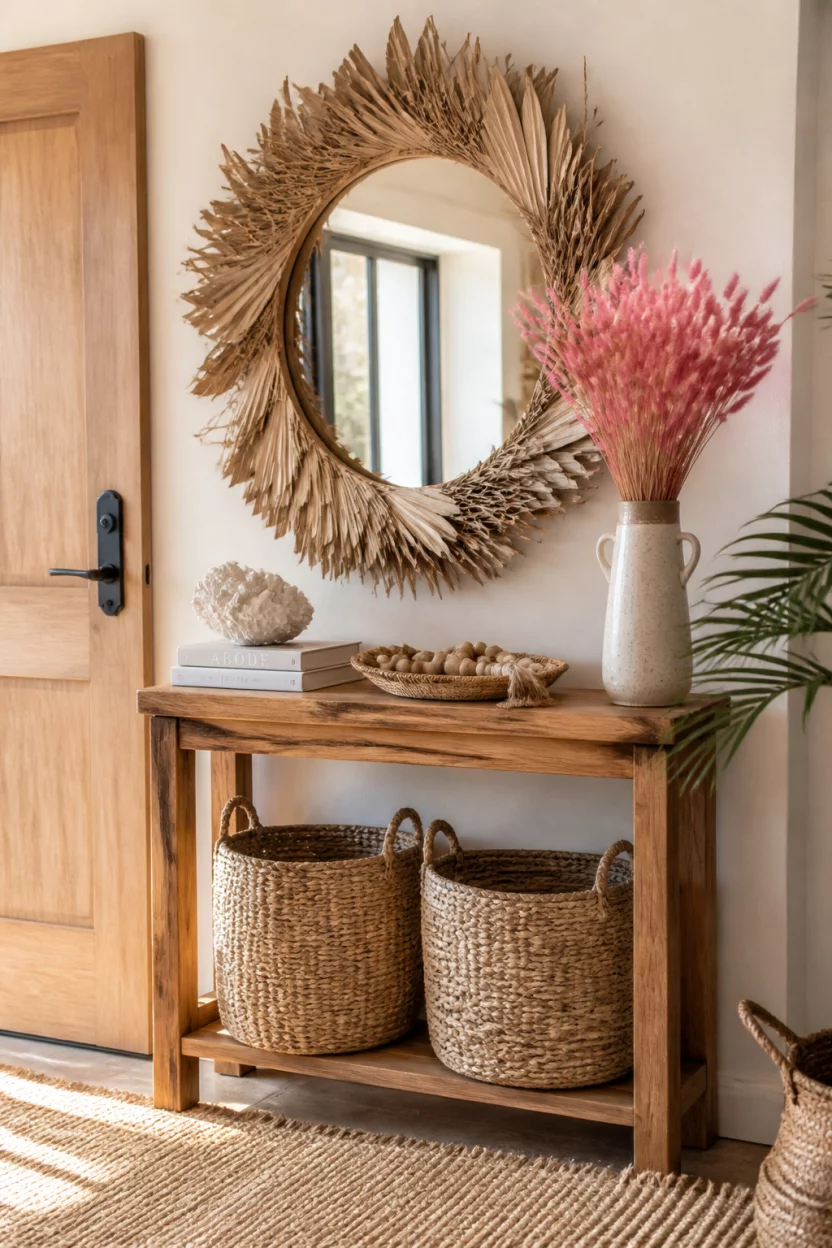 A realistic photo of a bohemian coastal entryway with a wooden console table, a unique mirror framed with dried palm leaves, woven straw baskets underneath, and a vase of vibrant pink dried bunny tail grass.