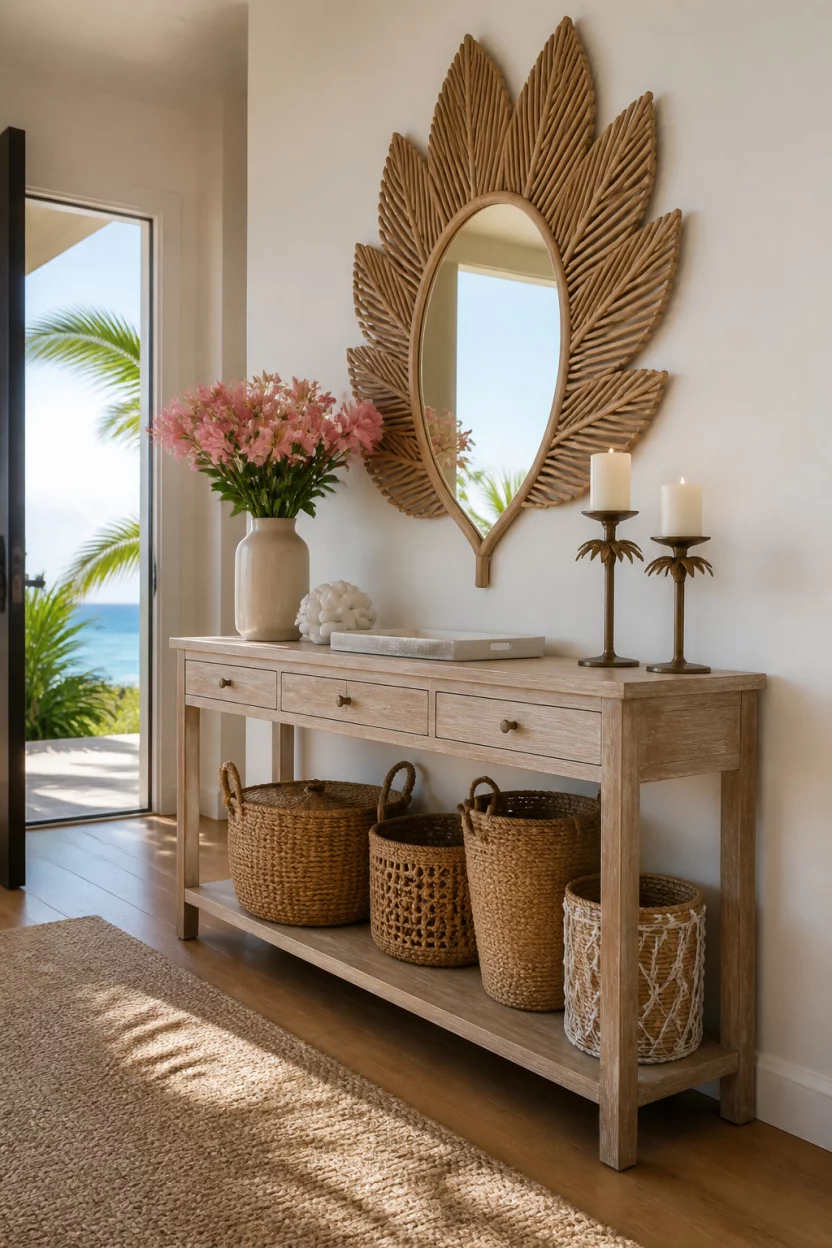 A realistic photo of a perfectly styled coastal entryway featuring a light wood console, a palm leaf shaped mirror, multiple woven baskets on the floor, and a vase of pink flowers on a sunny morning.