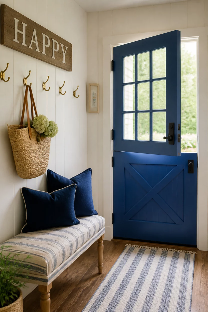 A realistic photo of a cheerful entryway featuring a bright blue Dutch door, a striped upholstered bench with navy blue pillows, a wooden sign that says HAPPY, and several brass wall hooks.
