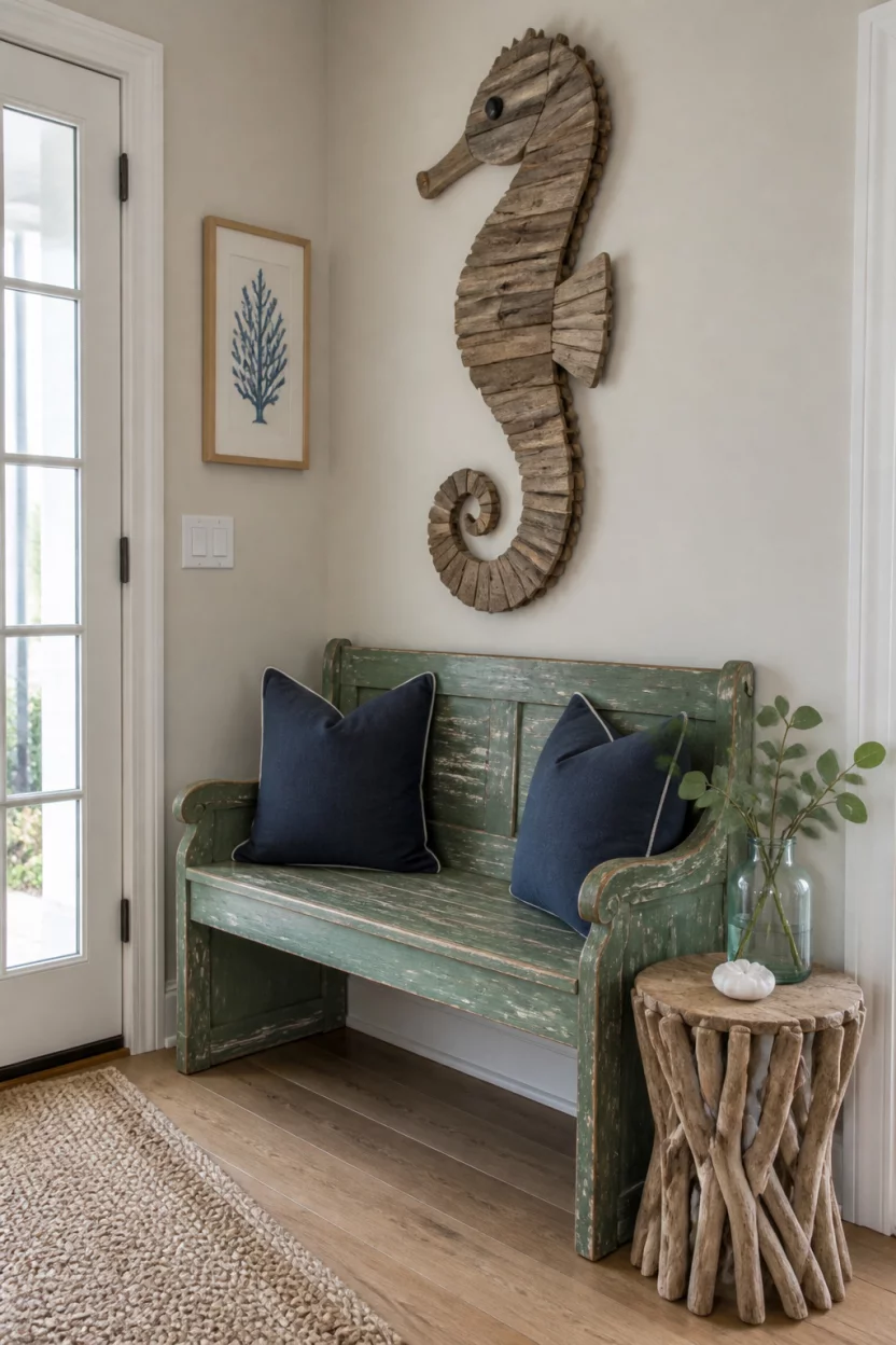 A realistic photo of a coastal entryway featuring a distressed sage green wooden bench with navy blue pillows, a large seahorse wall hanging made of salvaged wood, and a small driftwood side table.