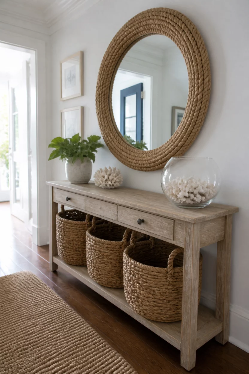 A realistic photo of a bright white foyer with a console table featuring a rope wrapped circular mirror, several seagrass baskets tucked underneath, and a glass bowl filled with white coral fragments under a bright light.