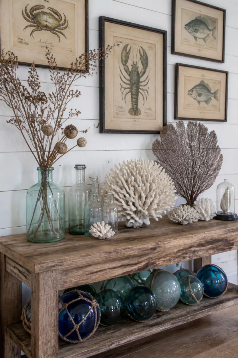 A realistic photo of a rustic wooden console table decorated with various types of white coral, dried botanicals, vintage clear glass bottles, and colorful glass fishing floats beneath framed sea life illustrations.