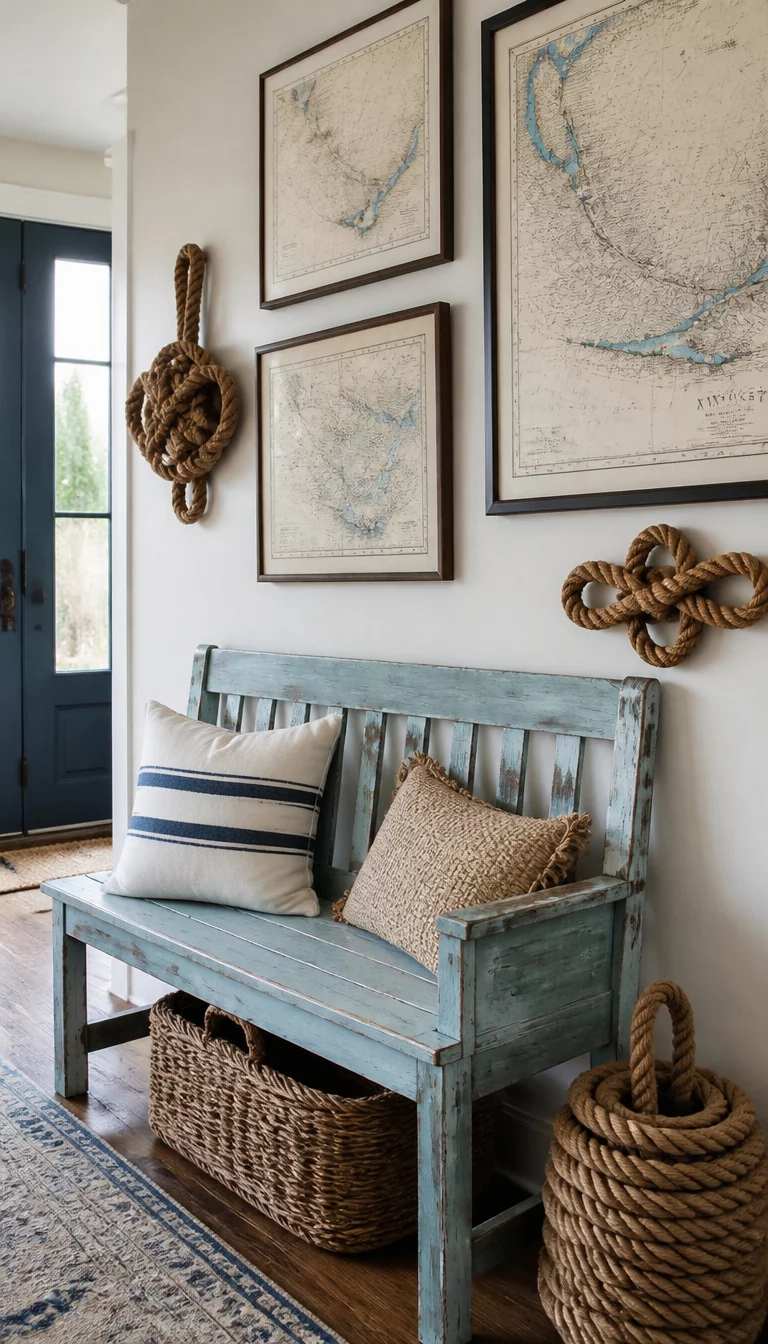 A realistic photo of a coastal entryway featuring a distressed light blue wooden bench, several framed vintage nautical maps on the wall, and thick rope accents used as decorative knots.