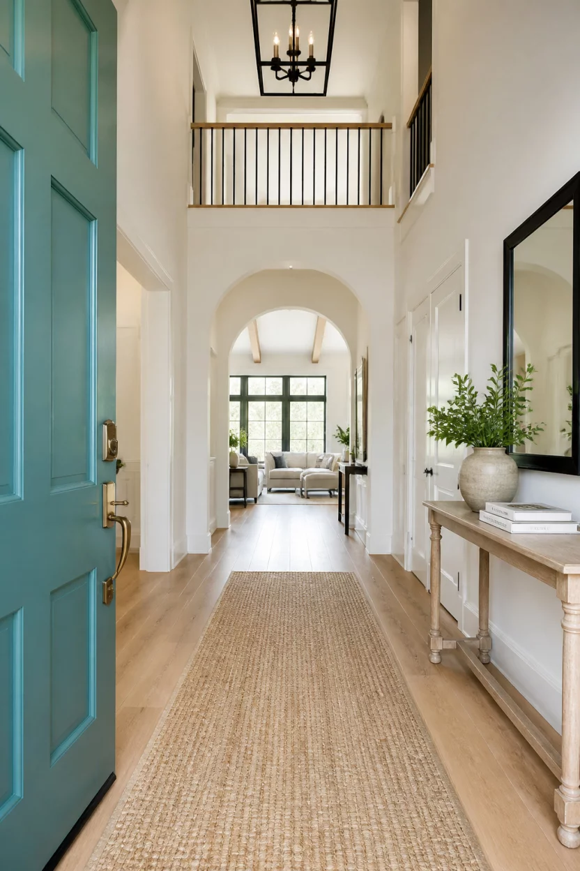 A realistic photo of a grand entryway with soaring white ceilings, a striking teal painted front door, light oak hardwood floors, and a simple jute rug stretching down the long hallway.