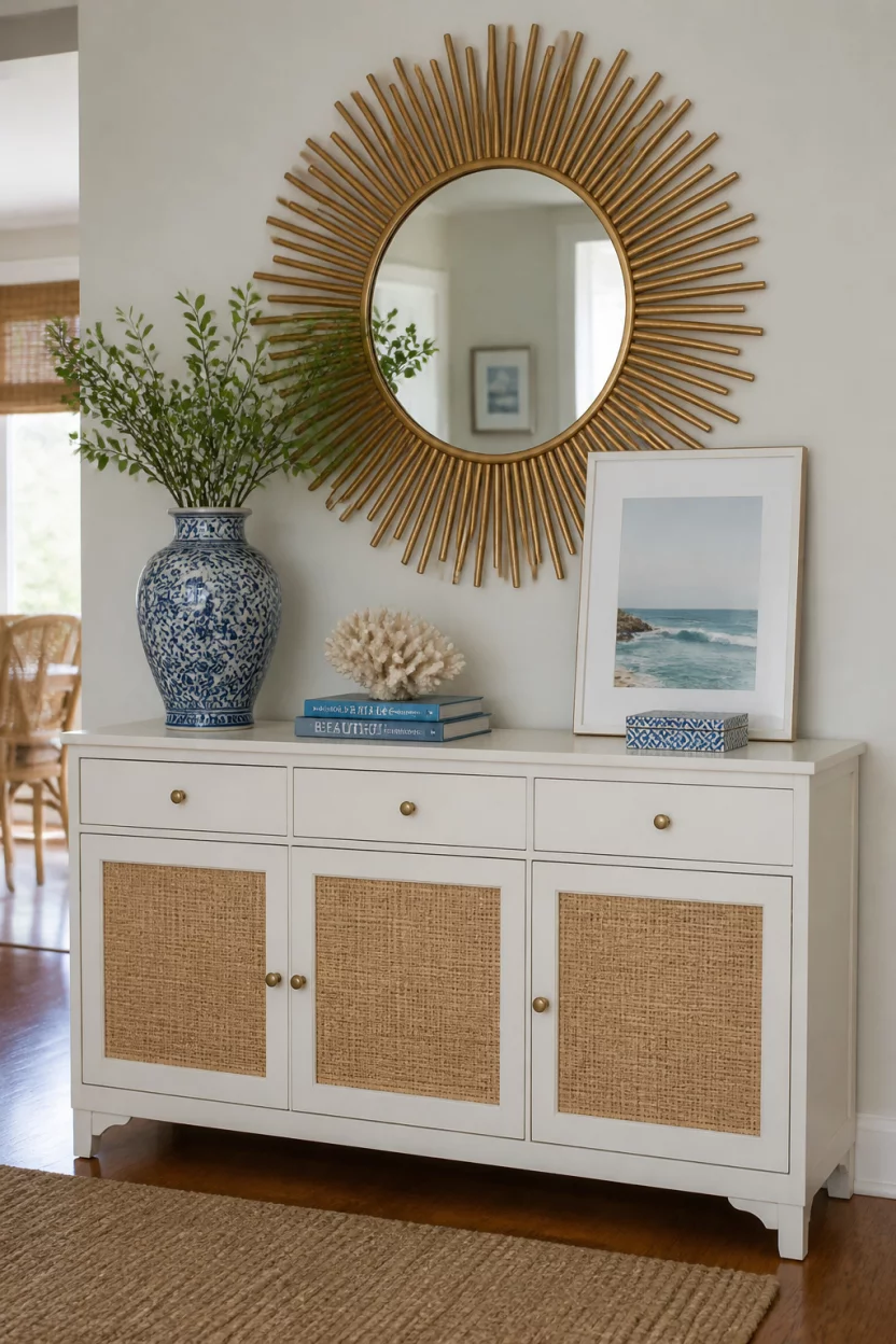 A realistic photo of a white storage console table with woven rattan cabinet fronts, topped by a gold sunburst mirror and decorated with a blue patterned ceramic vase and framed ocean art.
