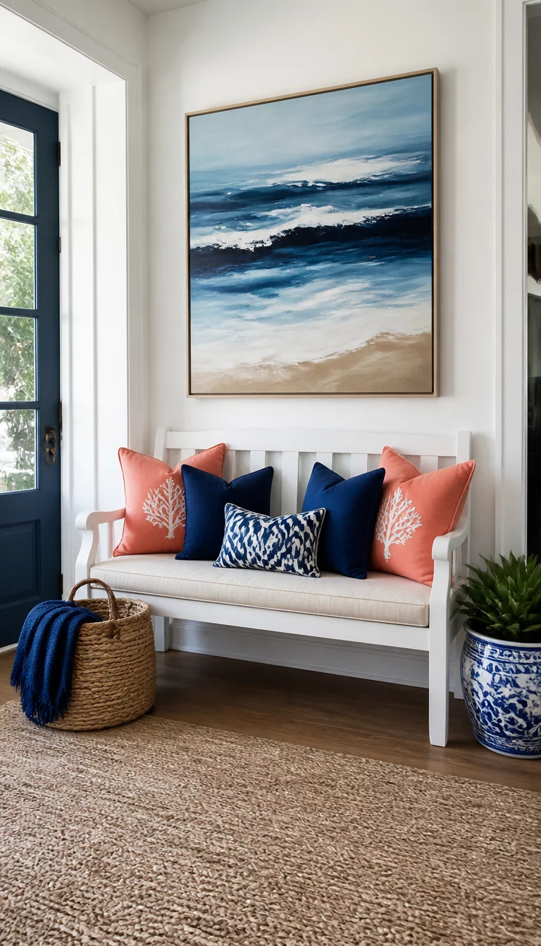 A realistic photo of a charming coastal entryway with a sturdy white wooden bench covered in bright coral and navy blue pillows, positioned beneath a large abstract painting of ocean waves.