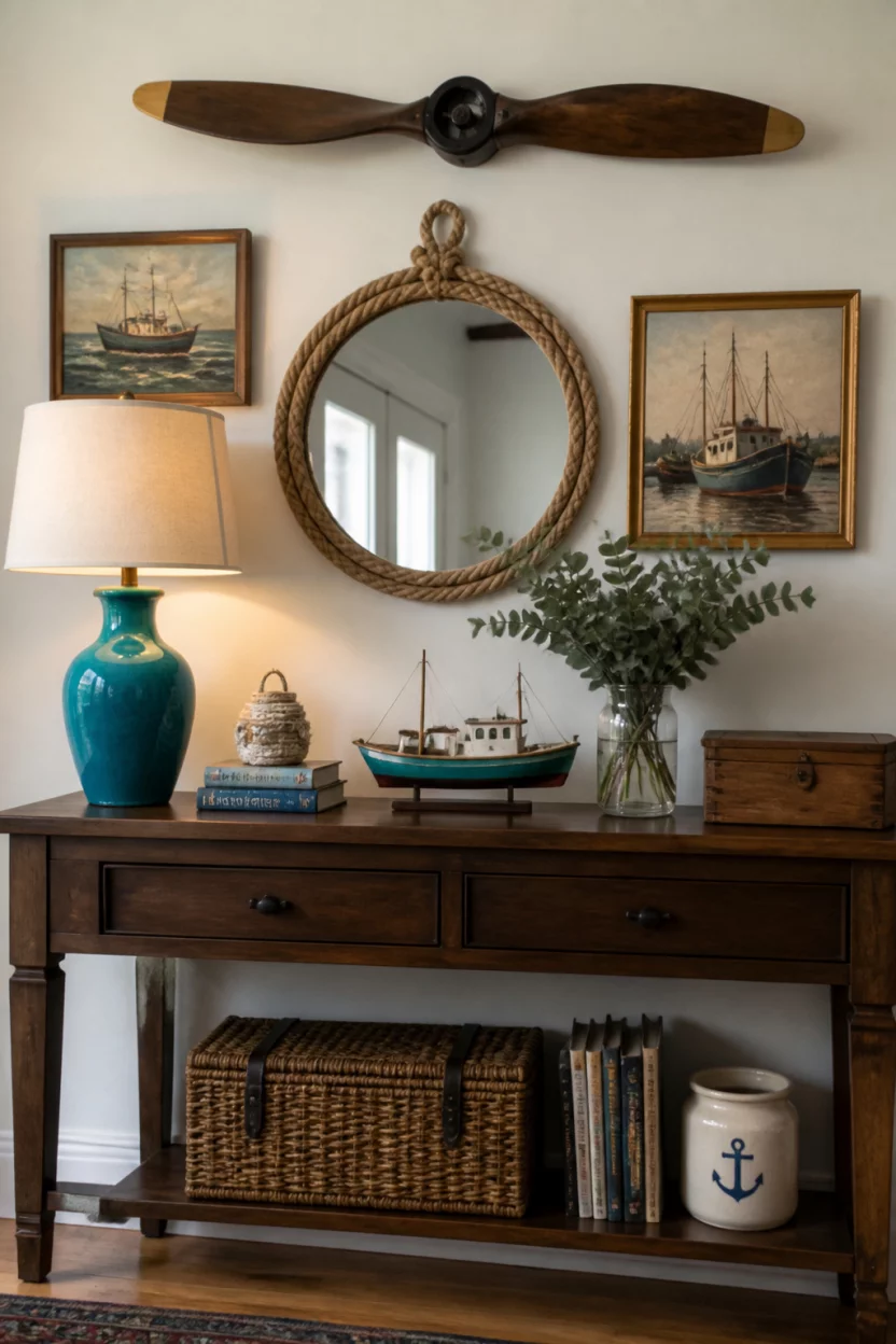 A realistic photo of a console table styled with maritime decor including small oil paintings of vintage boats, a wall hanging featuring a wooden propeller, a rope mirror, and a bright teal ceramic lamp.
