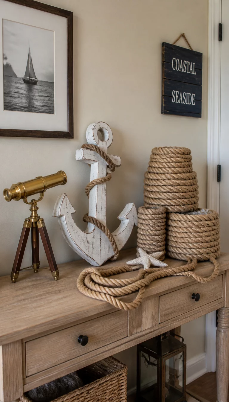 A realistic photo of a coastal entryway display featuring various nautical decor items including a small brass telescope, whitewashed wooden anchors, and several rolls of thick jute rope arranged on a light oak table with sandy beige walls.