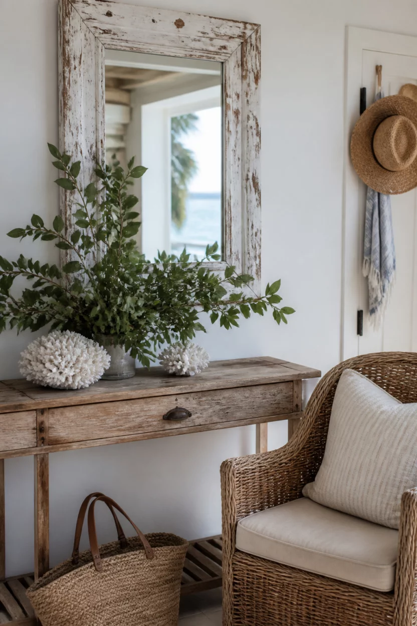 A realistic photo of a rustic beach entryway featuring a large heavily distressed white mirror, a wooden console table overflowing with green leafy branches, white coral pieces, and a comfortable woven wicker chair.