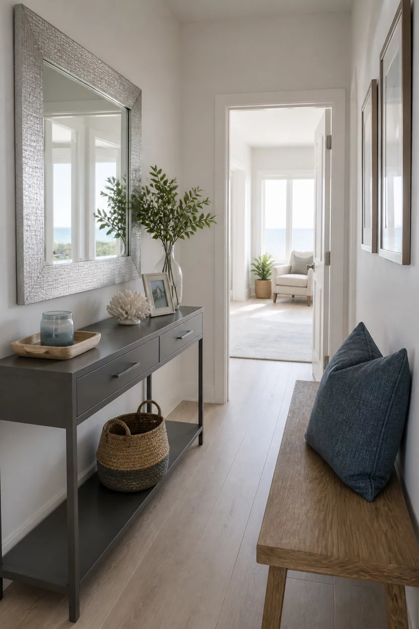 A realistic photo of a modern coastal hallway featuring a sleek gray console table next to a textured silver mirror, with a separate wooden bench nearby holding a single blue cushion in a bright room.