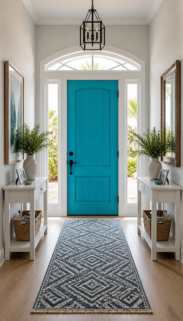 A realistic photo of a bright entryway centered around a vibrant turquoise wooden door, featuring a blue and white geometric patterned rug on light floors and two identical small white wood console tables placed on opposite sides of the hall.