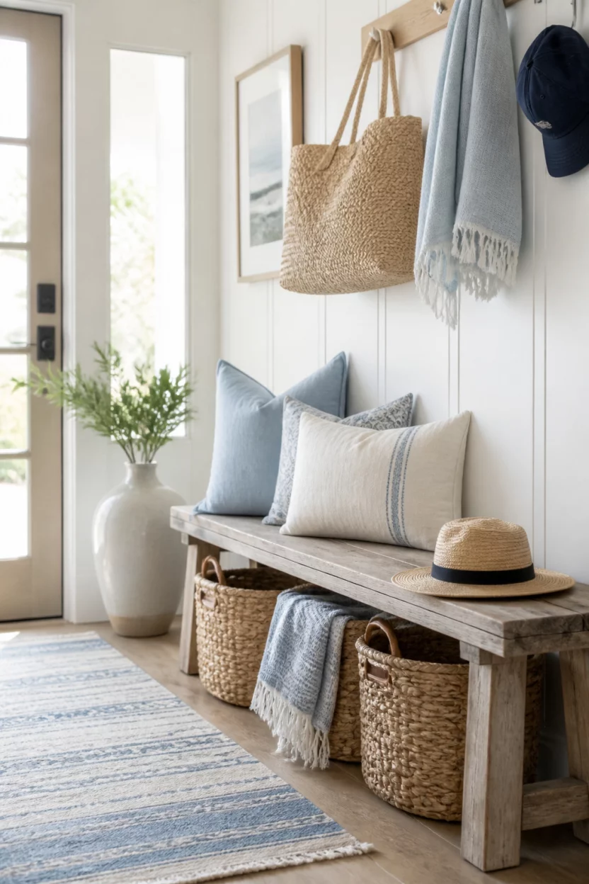A realistic photo of a bright coastal entryway collage featuring natural rattan baskets, light blue textiles, weathered wood furniture, and soft linen pillows arranged in a welcoming and airy foyer setting with plenty of natural light.