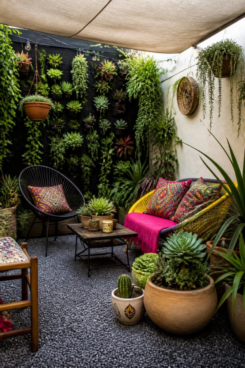 A realistic photo of a vibrant small patio styled with dark gray gravel, lush vertical wall gardens, various potted succulents, and colorful bohemian style outdoor furniture with patterned pillows and bright textiles under a shaded canopy.