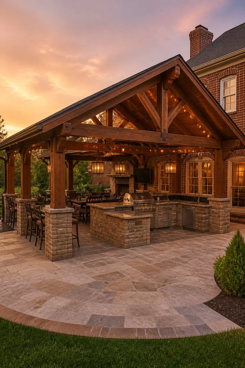 A realistic photo of a massive outdoor kitchen sheltered by a high peaked wooden pavilion with intricate exposed trusses, built upon a circular stone patio adjacent to a large traditional red brick home during the golden hour.