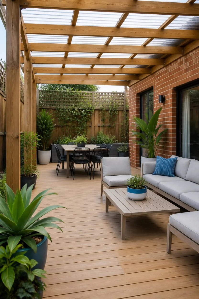 A realistic photo of a backyard wooden deck with a simple timber pergola covered in translucent roof panels, hosting various seating arrangements and green potted plants against a wooden fence and red brick wall.