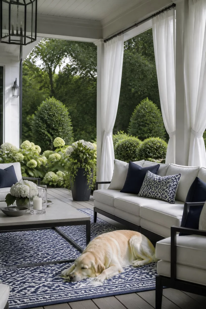 Cool Blue Accents And White Curtains A realistic photo of a stylish covered porch with flowing white curtains, modern white upholstered seating with navy blue pillows, a patterned blue and white rug, a large sleeping dog, and lush green garden bushes in the background.