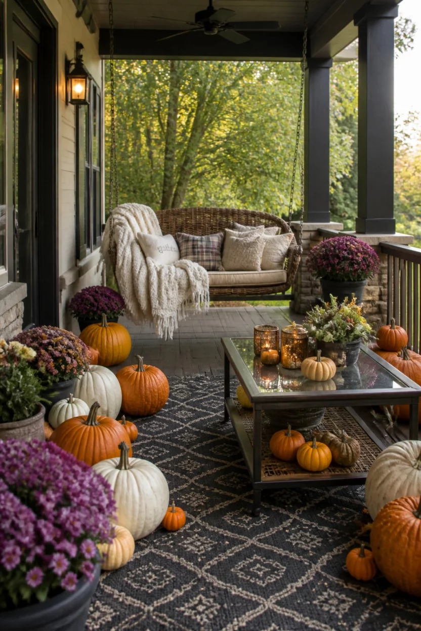 Rustic Swings And Potted Mums A realistic photo of a rustic porch featuring a hanging wicker swing with plush blankets, dozens of orange and white pumpkins on the floor, potted purple mums, and a glass top table sitting on a dark patterned rug.