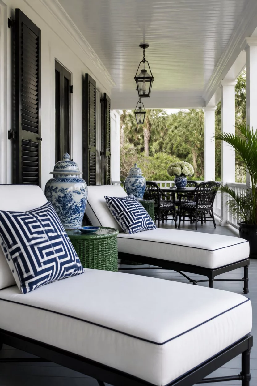 Sophisticated Blue And White Porch A realistic photo of a sophisticated covered porch with white chaise lounges, blue and white porcelain ginger jars, a green wicker side table, and pillows with bold geometric patterns.