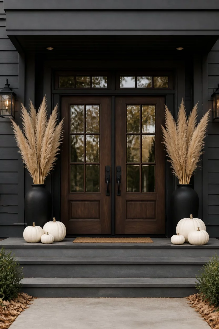 Modern Entry With Tall Pampas Grass A realistic photo of a modern entryway with dark grey siding, rich dark wood double doors, white pumpkins on the steps, and tall dried pampas grass in large black vases.