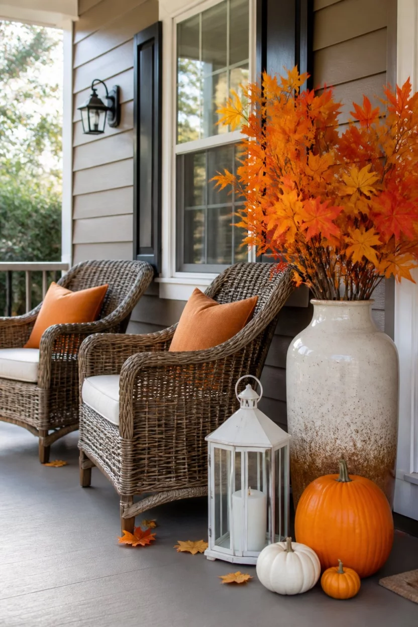 Wicker Comfort And Autumn Leaves A realistic photo of a cozy front porch patio featuring two classic wicker chairs with orange pillows, a white lantern on the floor, pumpkins scattered around, and a tall ceramic vase filled with vibrant orange maple leaves against a soft wooden house exterior.