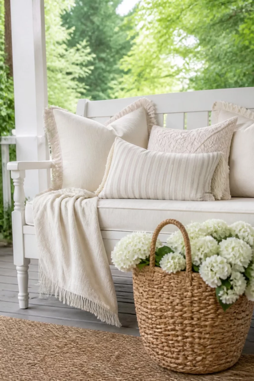 Textured Pillows On A Classic Bench A realistic photo of a white wooden bench on a porch featuring soft cream cushions, a fringed throw blanket, several textured pillows, and a woven basket overflowing with fresh white flowers.