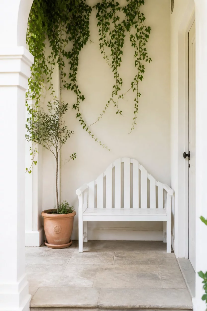 Creamy Whites And Ivy Vines A realistic photo of a shaded entryway with a small white wooden bench, delicate ivy vines trailing down the walls, a terracotta pot containing a small sapling, and creamy white paint on the surrounding architecture.