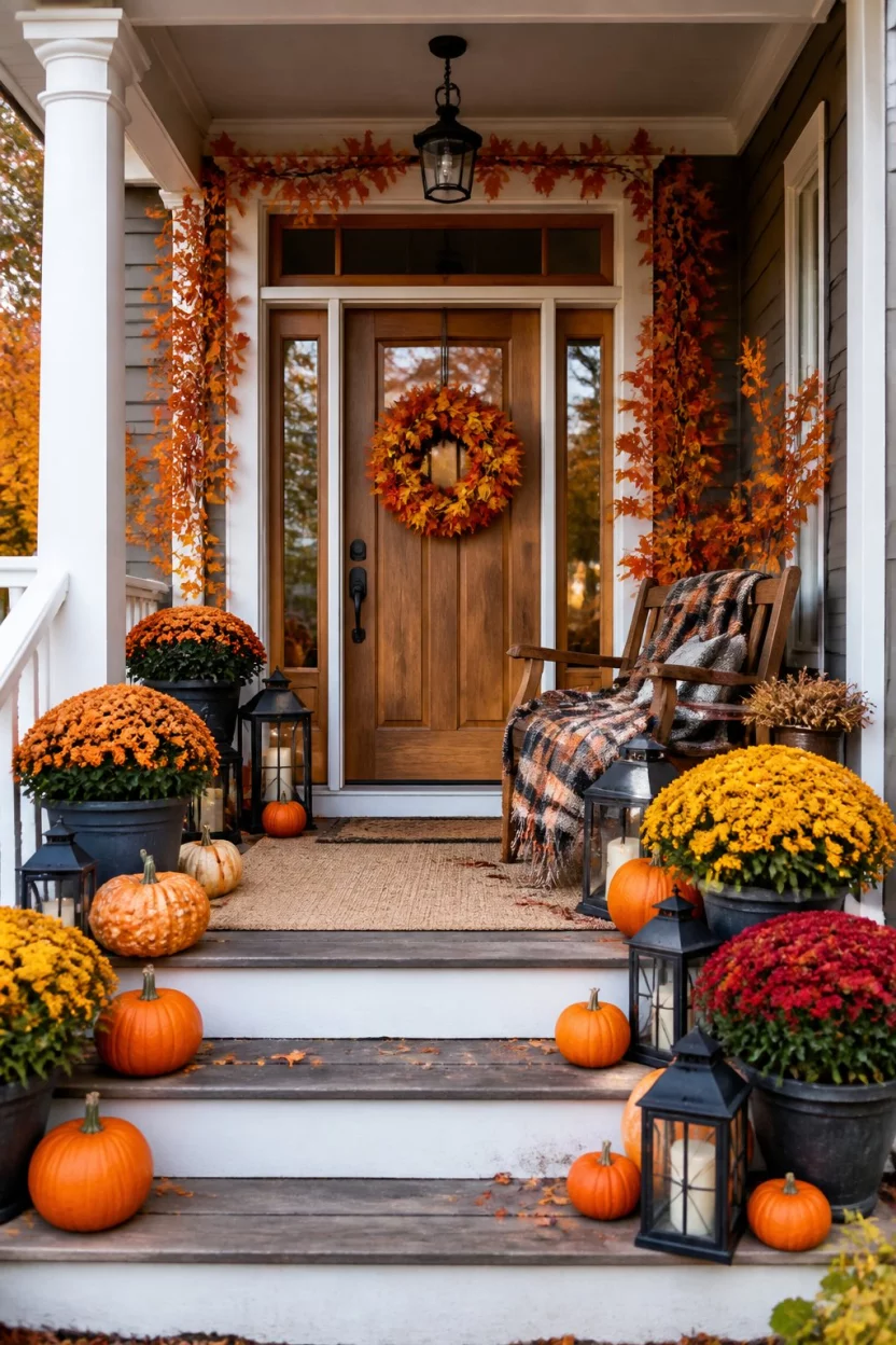 The Ultimate Fall Festival Entry A realistic photo of a welcoming front porch decorated for autumn with piles of pumpkins, colorful mum flowers, several black lanterns, a plaid blanket over a wooden bench, and orange fall foliage framing the doorway.