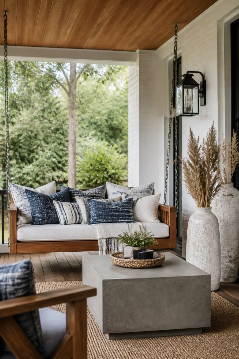 Bohemian Swings And Concrete Tables A realistic photo of a relaxed outdoor porch with a wooden swing, blue and white bohemian pillows, a heavy concrete coffee table, and tall vases of dried grasses.