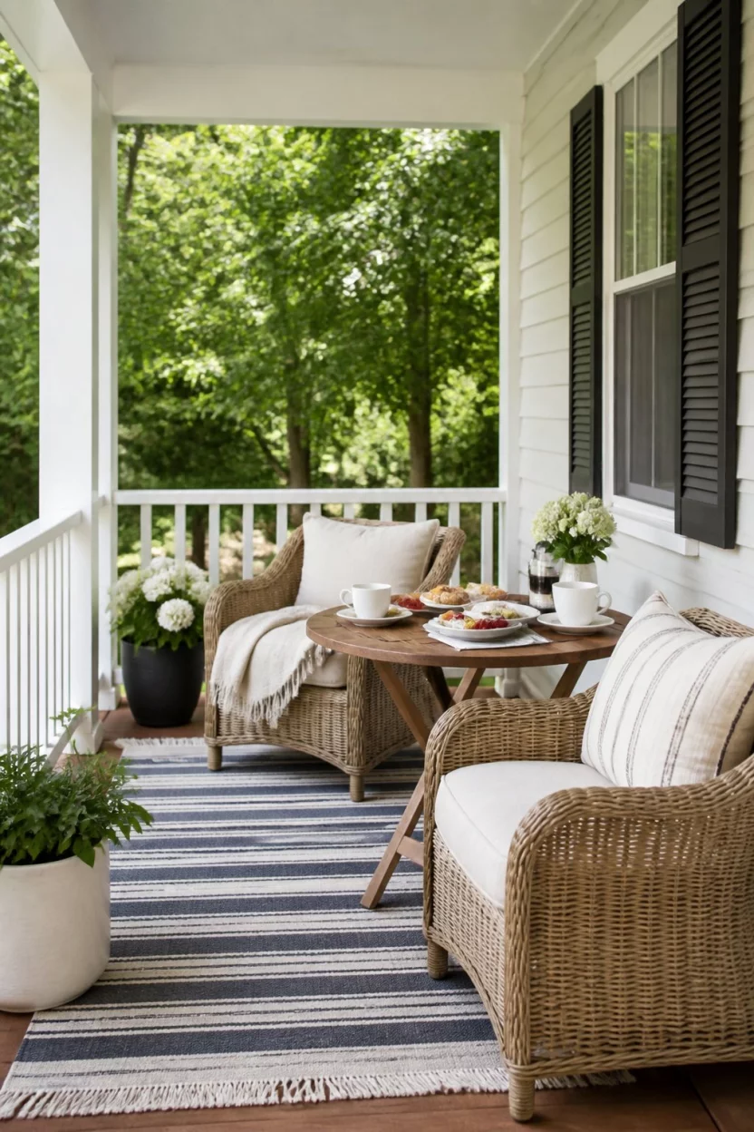 Airy Breakfast Nooks With Wicker Furniture A realistic photo of a bright outdoor porch nook with wicker chairs, a small wooden bistro table set with breakfast plates and coffee, a striped outdoor rug, and light neutral cushions.