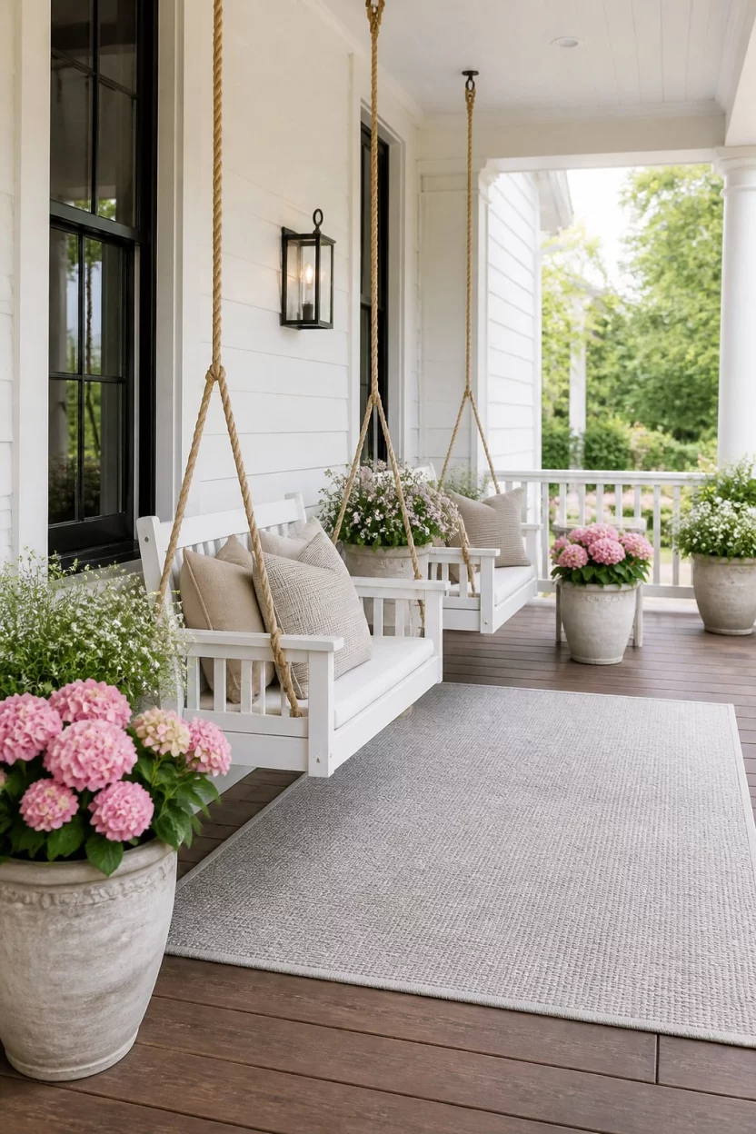 Double Swings On The Farmhouse Porch A realistic photo of an elegant white farmhouse porch featuring two identical white hanging swings with neutral cushions, many decorative pots filled with pink and white flowers, and a large grey textured rug on the wooden floor.