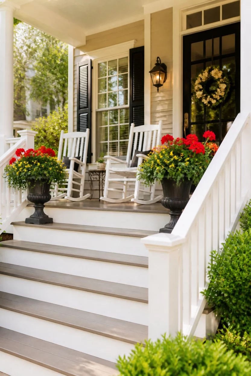 Bright Entryway With Colorful Urns A realistic photo of a bright front entryway with two white rocking chairs, dark stone urns filled with colorful red and yellow flowers, white railings, and lush green bushes.