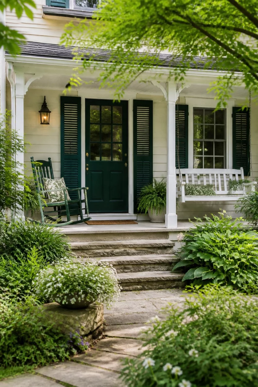 Cottage Charm With Rocking Chairs A realistic photo of a picturesque cottage entrance with dark green shutters and a matching door, a light green rocking chair, a white porch swing, and lush green garden plants surrounding the porch.