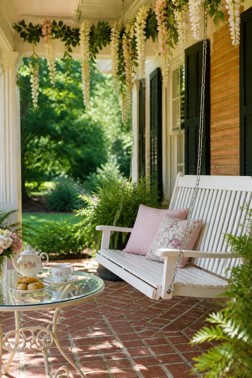 Romantic Brick Patio Tea Setting A realistic photo of a sunlit brick patio with a white porch swing, a small glass table with a tea set and biscuits, and delicate floral garlands hanging from the ceiling.