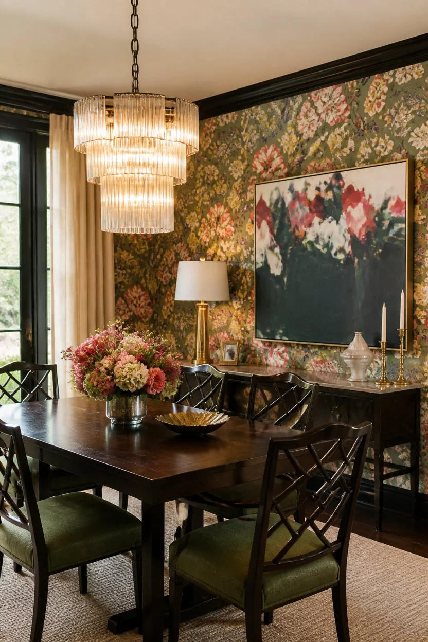 Floral Wallpaper And Modern Abstract Art A realistic photo of a richly decorated dining room with vibrant floral wallpaper, a large modern abstract painting, dark wood chairs with green seats, and a tiered chandelier.