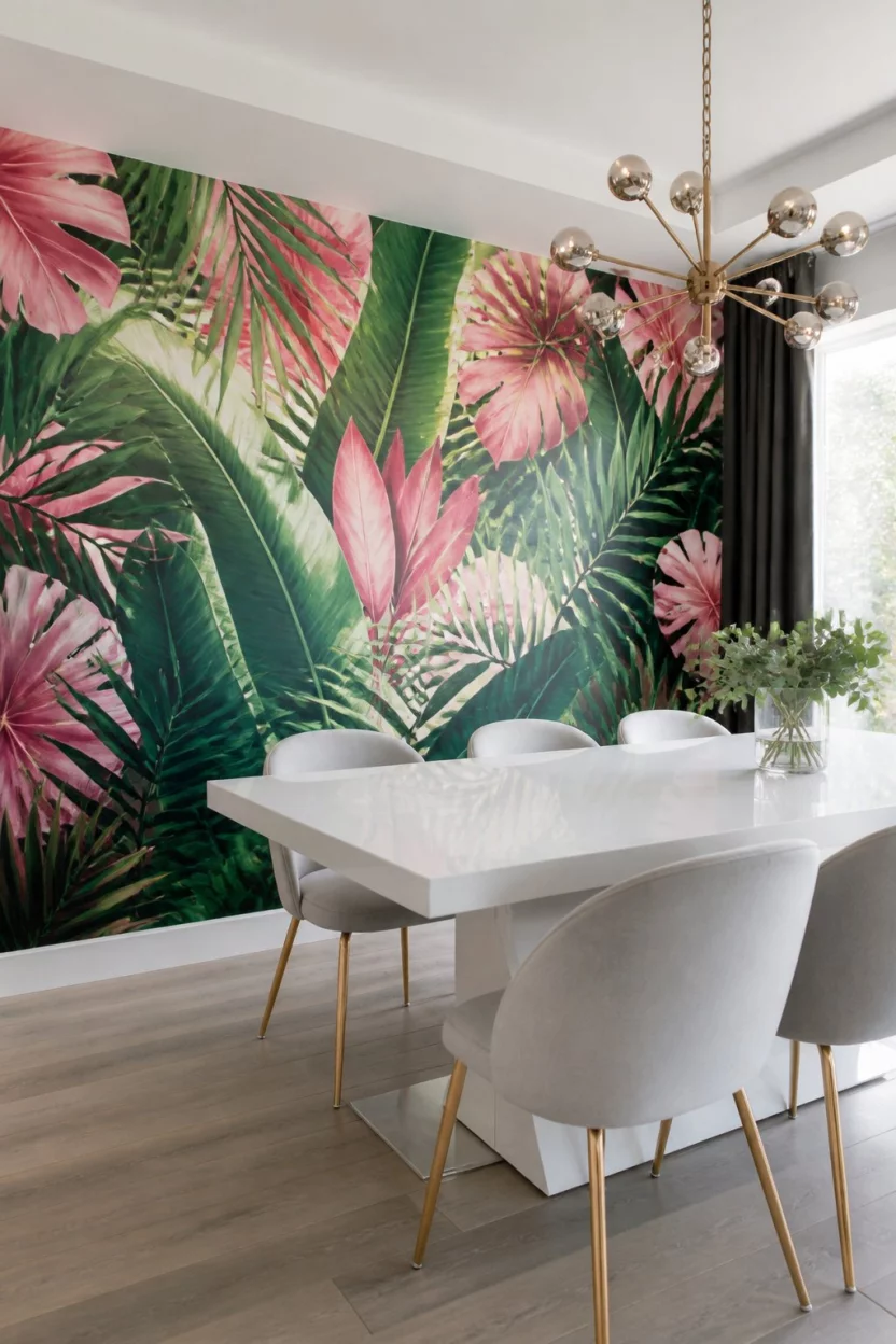 Tropical Foliage Mural Mania A realistic photo of a modern dining room featuring a huge vibrant mural of pink and green tropical foliage on the main wall, light gray chairs, and a sleek white table.