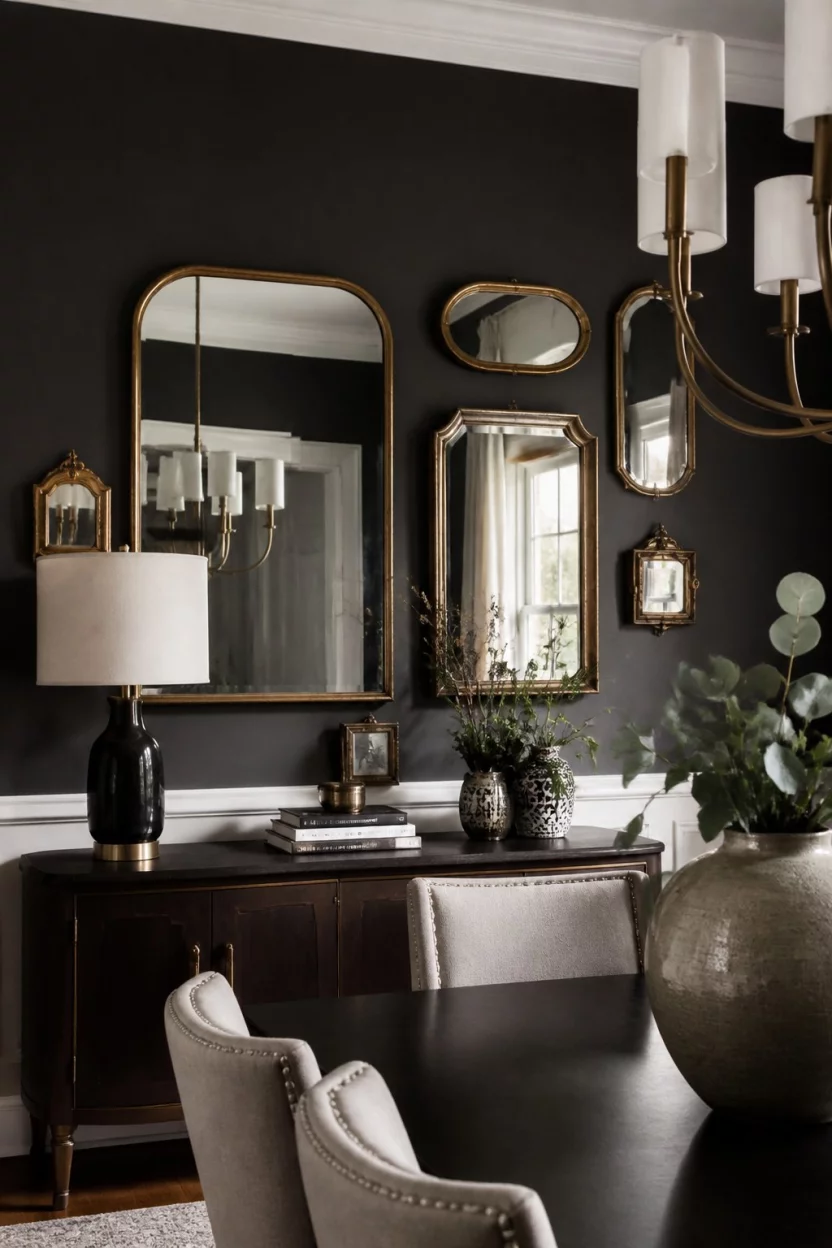 Layered Mirrors On Moody Walls A realistic photo of a moody dining room with dark gray walls, white wainscoting, a dark wood console, and layered gold framed mirrors of various sizes.