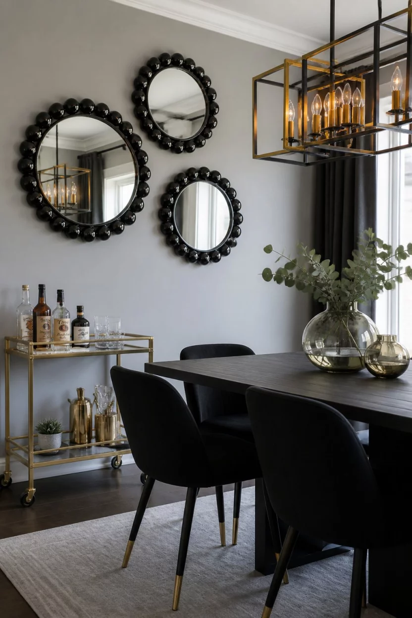 Reflect Your Style With Bubble Mirrors A realistic photo of a contemporary dining area including a gold bar cart, three unique black framed bubble mirrors arranged on a gray wall, and a modern geometric light fixture.