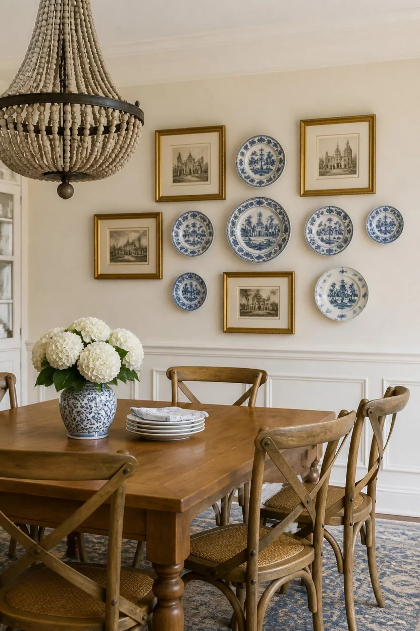 Decorative Plate Gallery Walls A realistic photo of a classic dining room with a beaded chandelier, a gallery wall containing blue and white decorative plates and framed prints, and rustic wood chairs.
