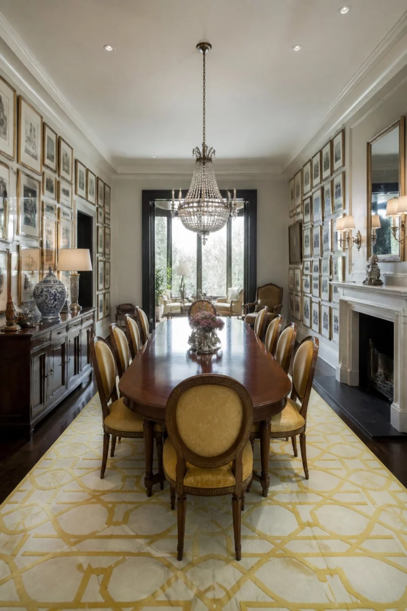 Dual Gallery Walls For Grand Spaces A realistic photo of a long luxurious dining room with an oval wood table, gold upholstered chairs, and extensive gallery walls filled with framed art on both sides of the room.