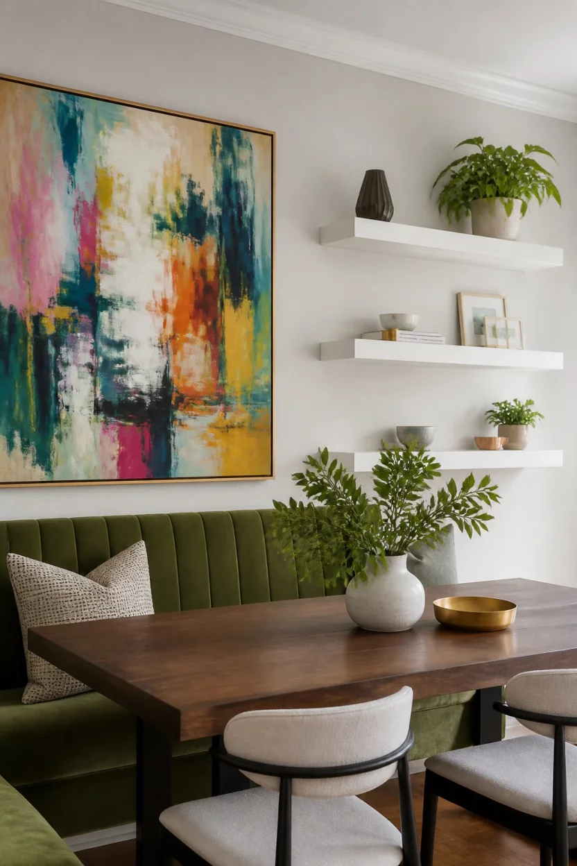 Floating Shelves And Abstract Energy A realistic photo of a bright modern dining room with a large colorful abstract painting, a green velvet banquette, and staggered white floating shelves on a light wall.